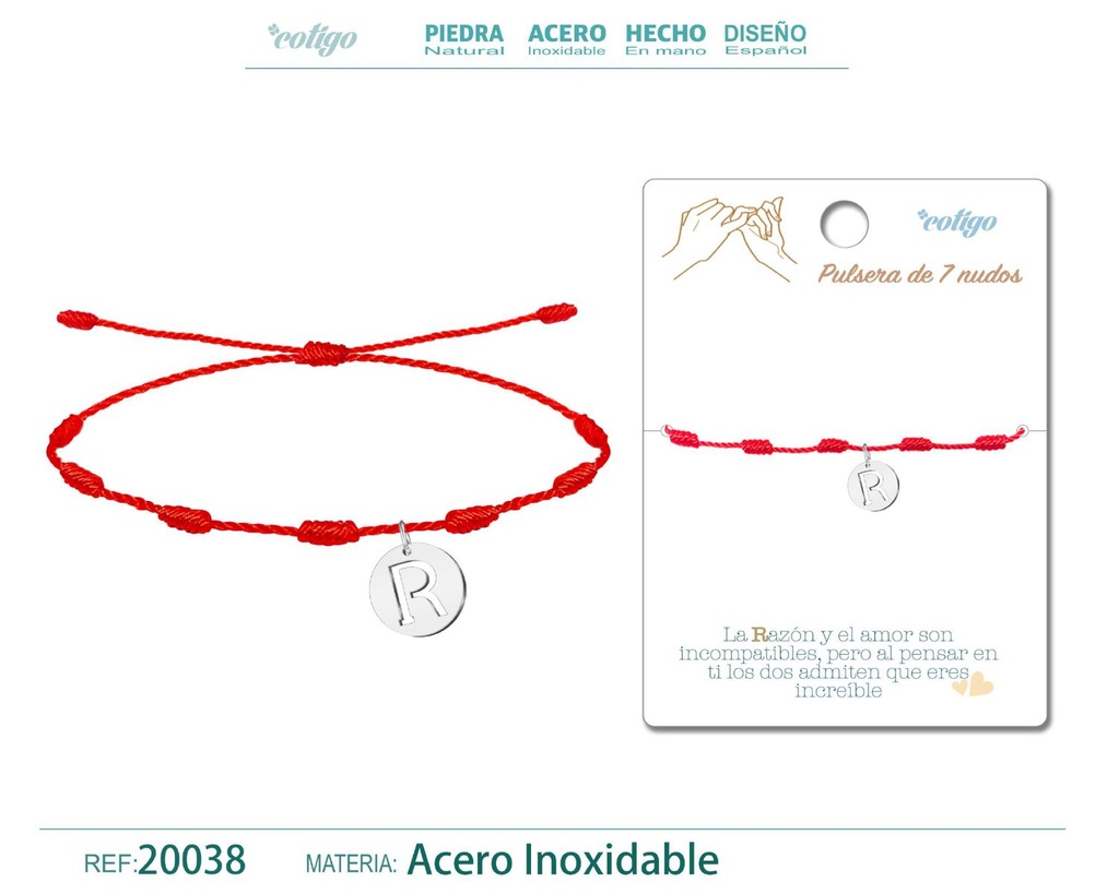 Pulsera 7 nudos con letra R color plateado - Pulsera de nudos