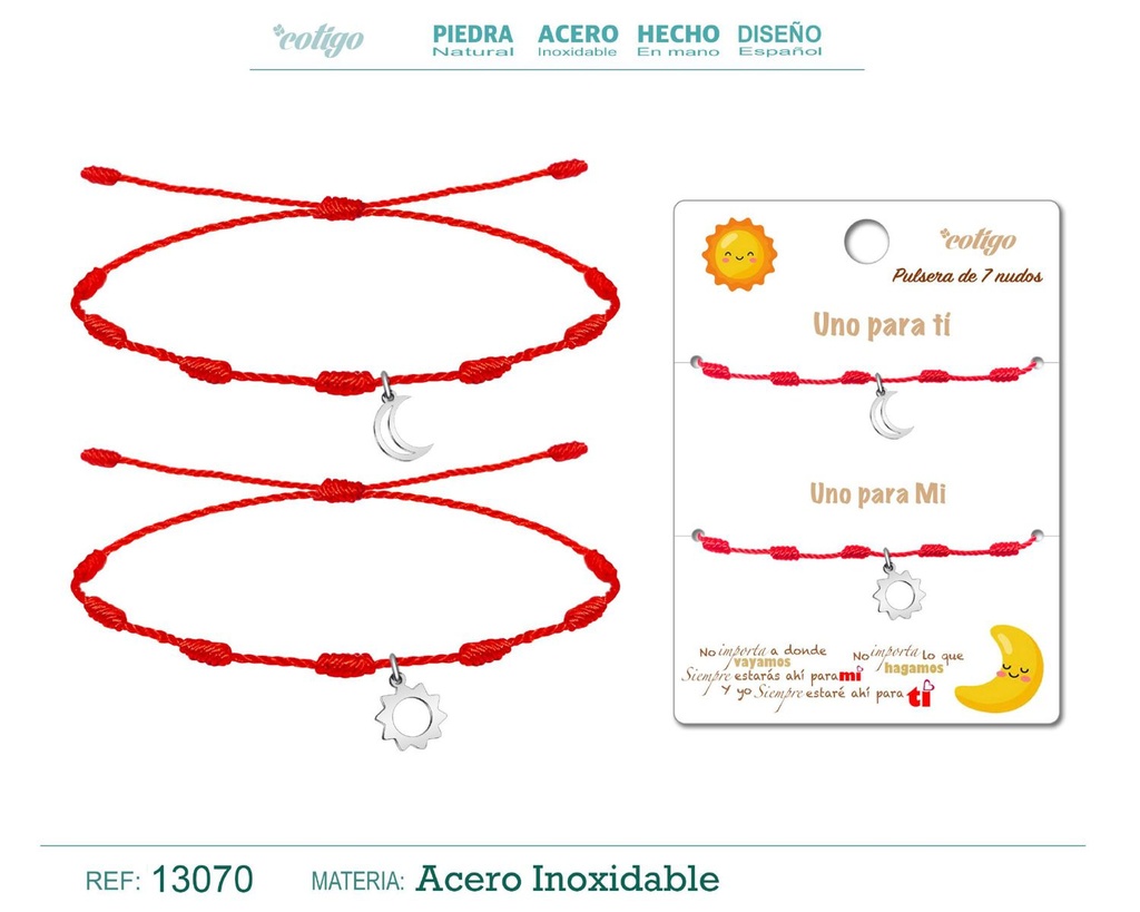 Pulsera de 7 Nudos con Luna y Sol en acero plateado - Pulseras de amistad para parejas