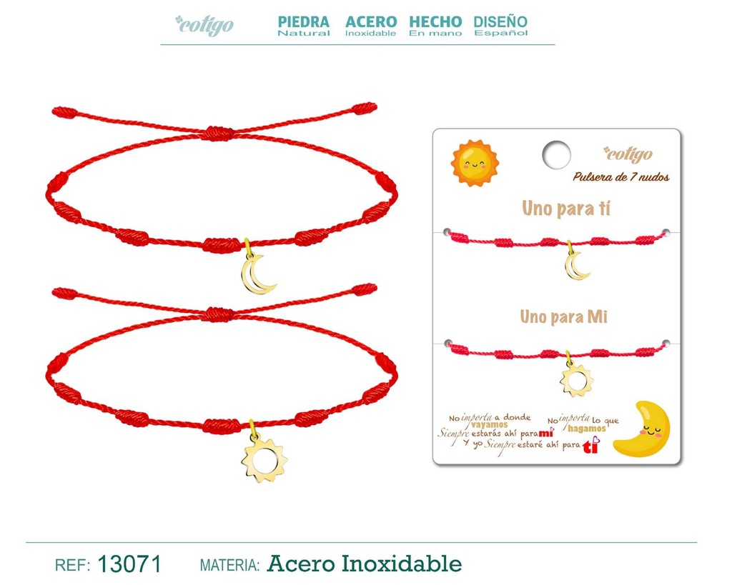 Pulsera de 7 Nudos con Luna y Sol en acero dorado - Pulseras de amistad para parejas