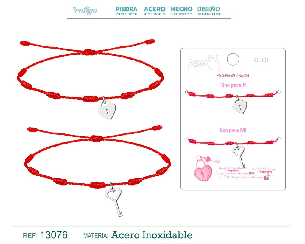 Pulsera de 7 nudos con llave y candado en acero plateado - Joyería de amistad para parejas 