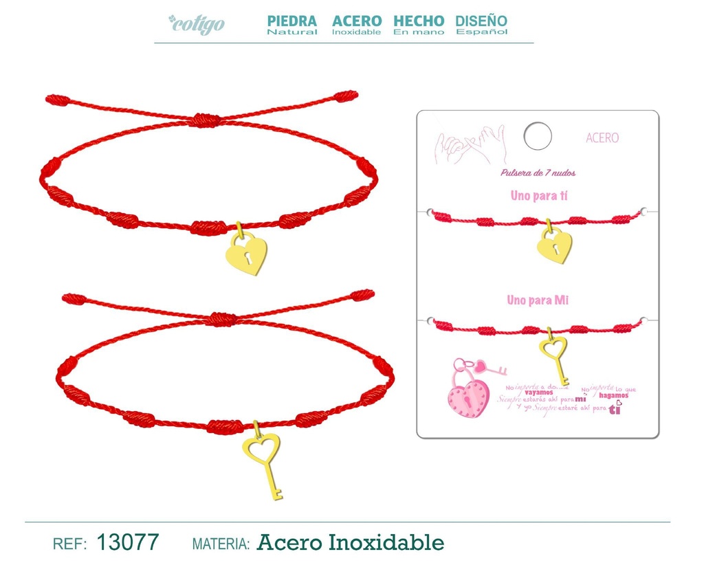 Pulsera de 7 nudos con llave y candado en acero dorado - Joyería de amistad para parejas 