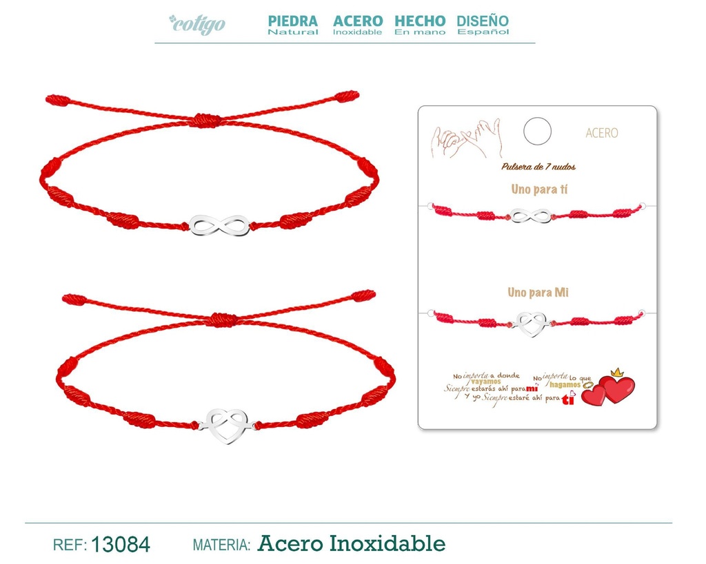 Pulsera de 7 nudos con símbolo infinito y corazón en acero plateado - Joyería de amistad para parejas 