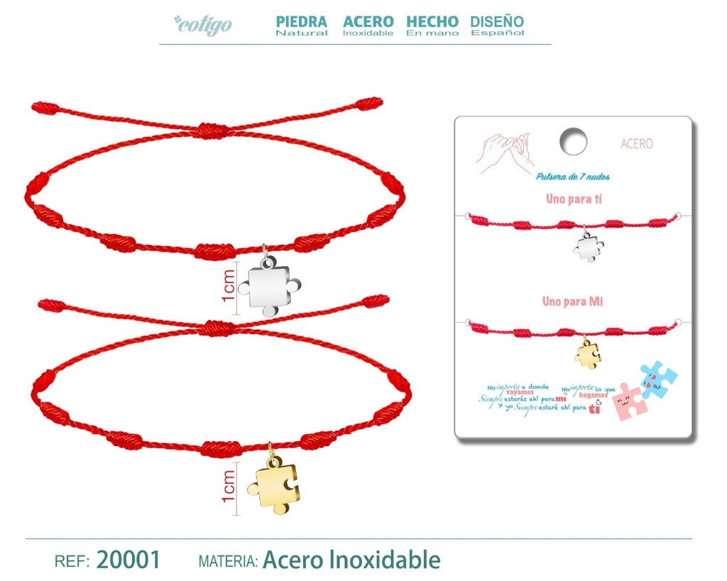 Pulsera de 7 nudos con rompecabezas en acero plateado y dorado - Joyería de amistad