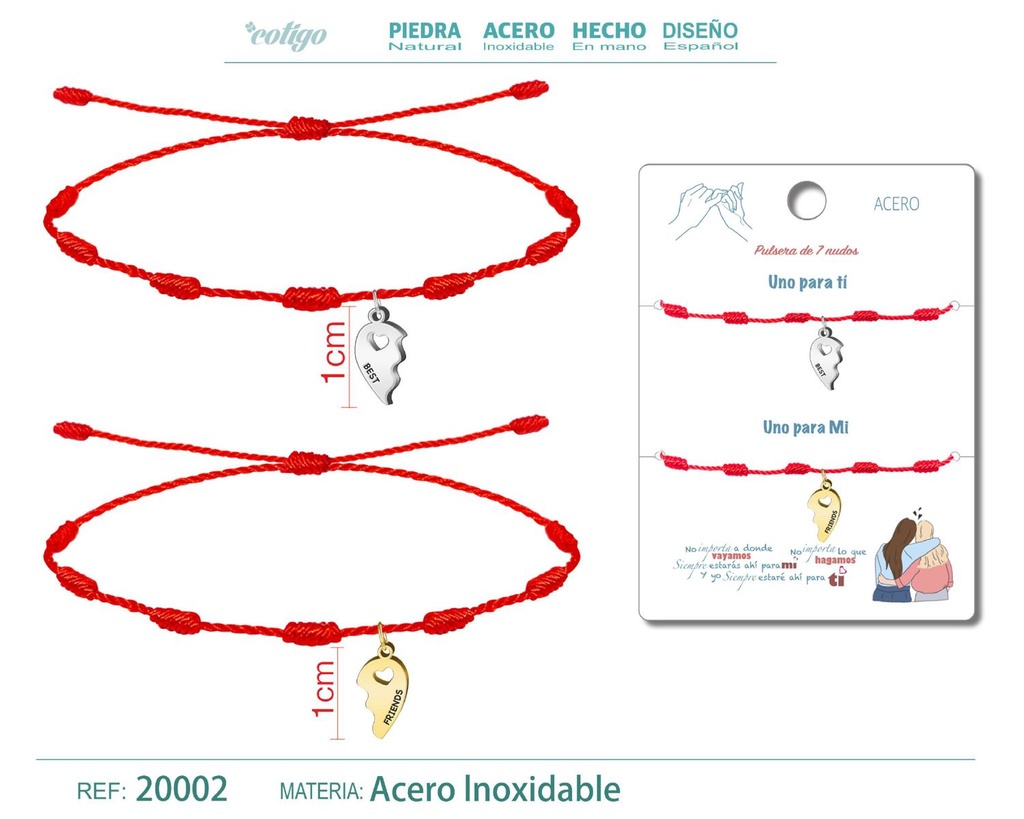 Pulsera de 7 Nudos para amistad con medio corazón en acero y dorado - Pulseras de amistad