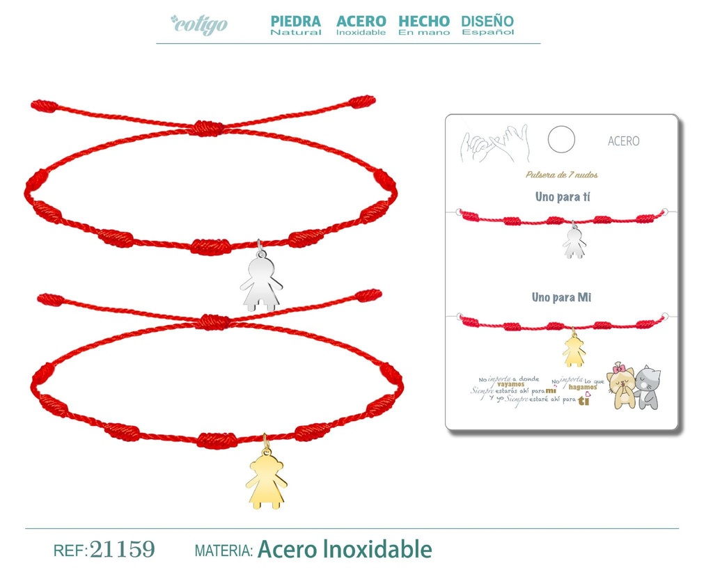 Pulsera de 7 nudos con niña y niño en acero - Joyería de amistad