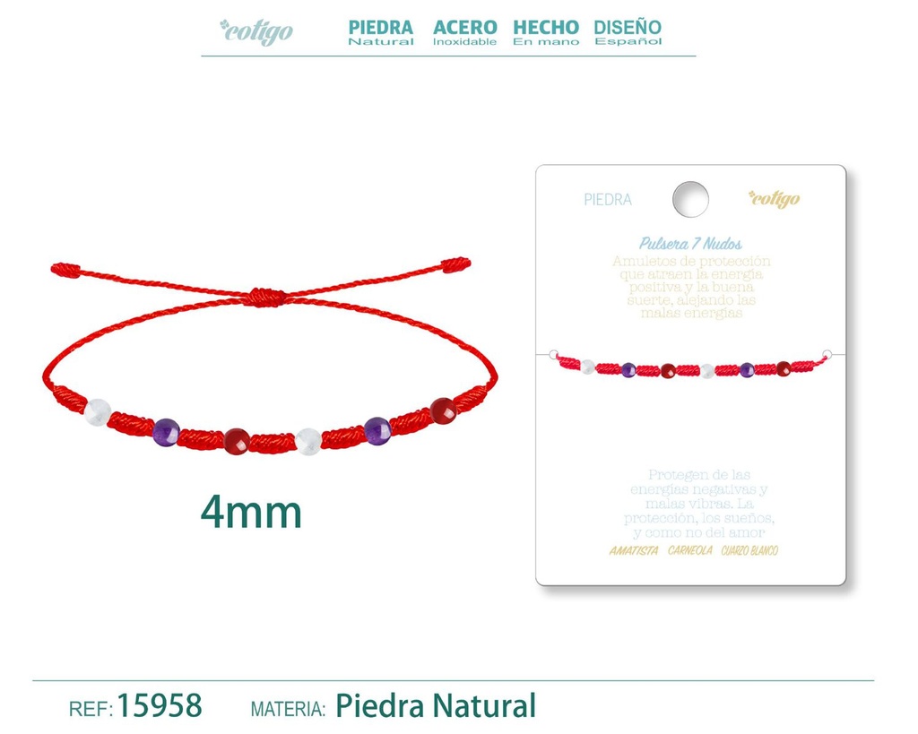 Pulsera de 7 Nudos con Carneola, Amatista y Cuarzo blanco 4mm - Pulseras de piedras naturales