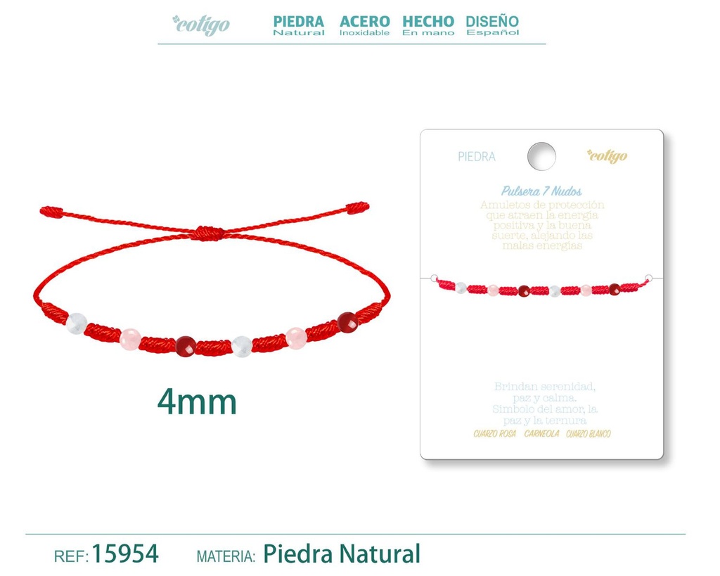 Pulsera de 7 Nudos con Carneola, Cuarzo blanco y Cuarzo rosa 4mm - Pulseras de piedras naturales