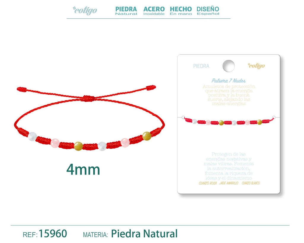 Pulsera de 7 Nudos con Jade amarillo, Cuarzo rosa y Cuarzo blanco 4mm - Pulseras de piedras naturales