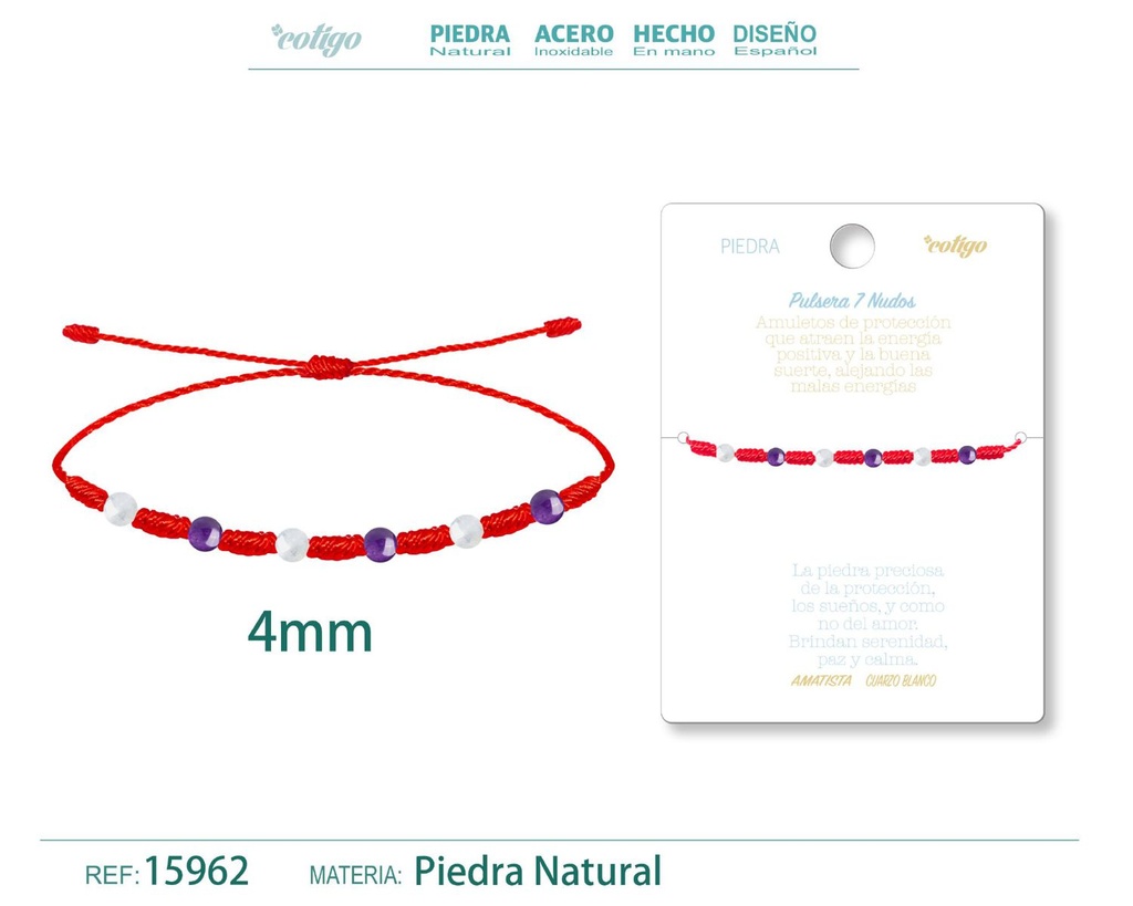 Pulsera de 7 Nudos con Amatista y Cuarzo blanco 4mm - Pulseras de piedras naturales