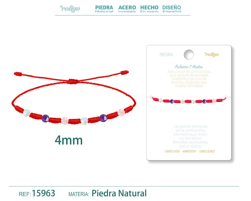 Pulsera de 7 Nudos con Cuarzo rosa, Amatista y Cuarzo blanco - Pulseras de piedras naturales