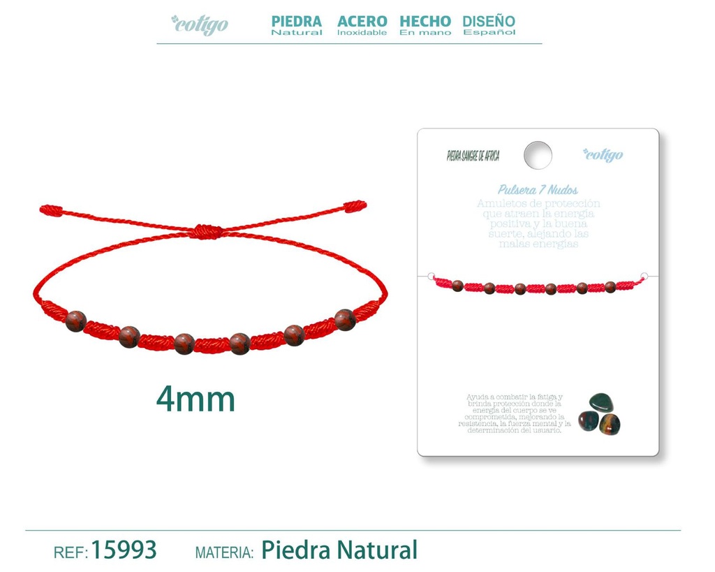 Pulsera de 7 Nudos con Piedra Sangre de África 4mm - Pulseras de piedras naturales