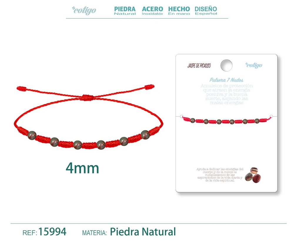 Pulsera de 7 Nudos con Jaspe de Picasso 4mm - Pulseras de piedras naturales