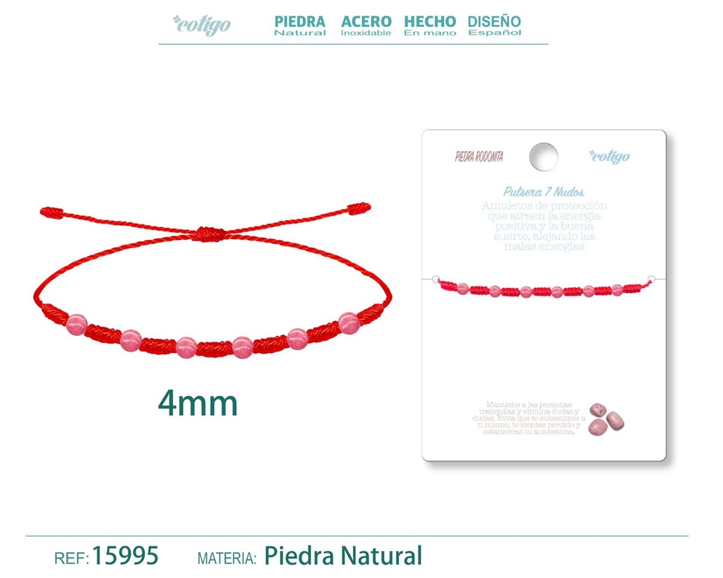 Pulsera de 7 Nudos con Piedra Rodonita 4mm - Pulseras de piedras naturales