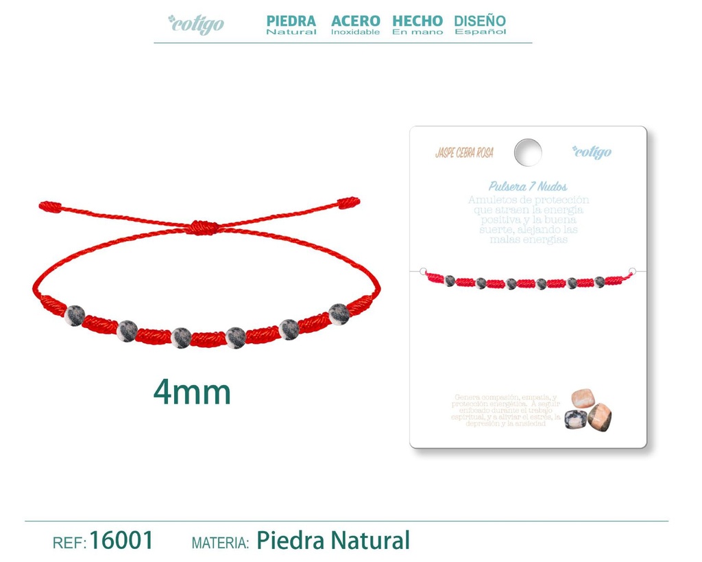 Pulsera de 7 Nudos con Jaspe cebra rosa 4mm - Pulseras de piedras naturales