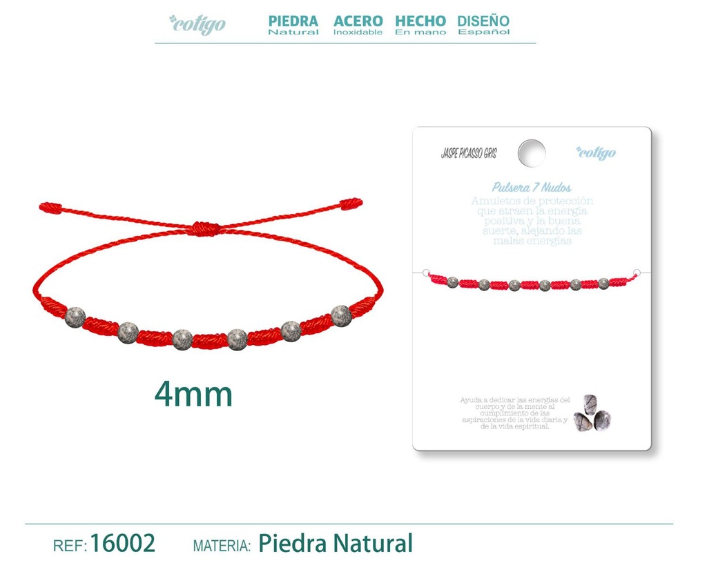 Pulsera de 7 Nudos con Jaspe Picasso gris 4mm - Pulseras de piedras naturales