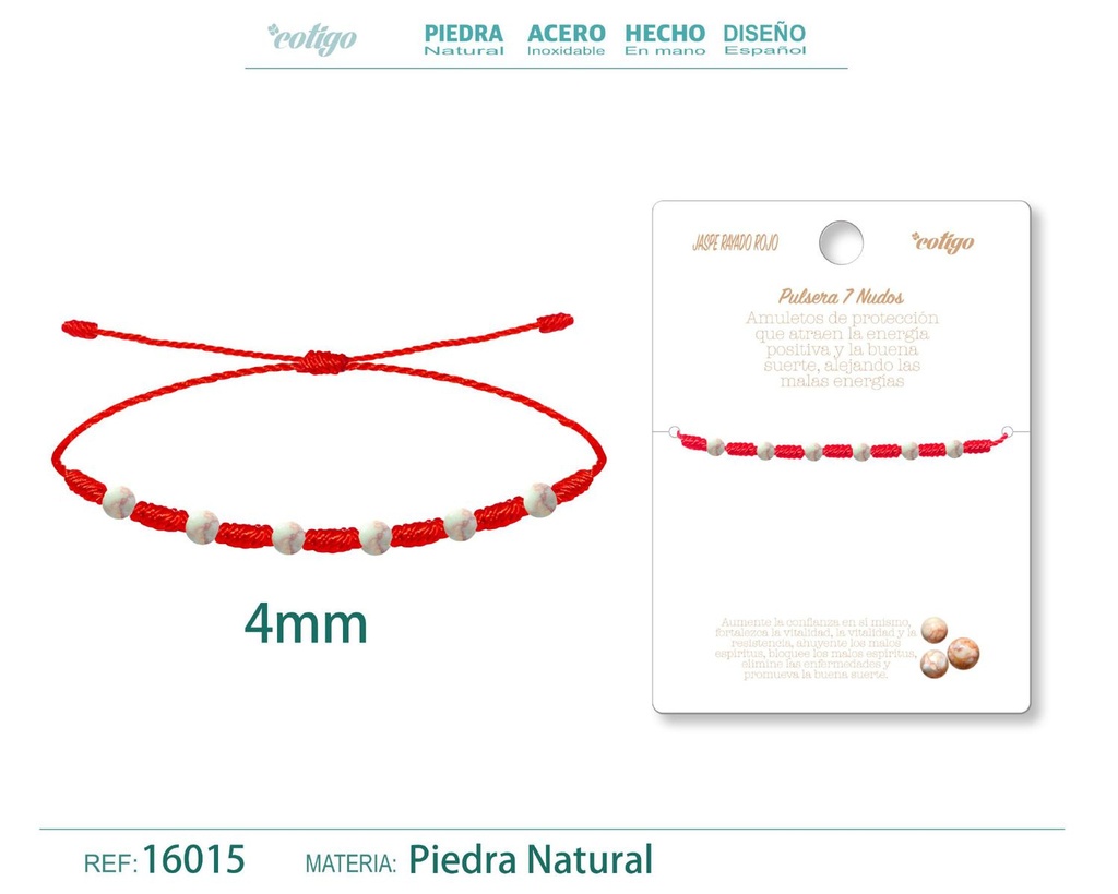 Pulsera de 7 Nudos con Jaspe rayado rojo 4mm - Pulseras de piedras naturales