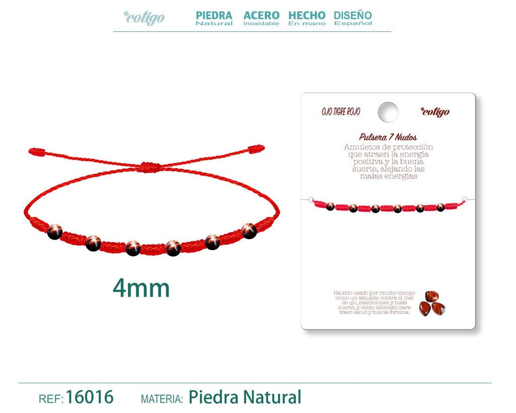 Pulsera de 7 Nudos con Ojo de tigre rojo 4mm - Pulseras de piedras naturales