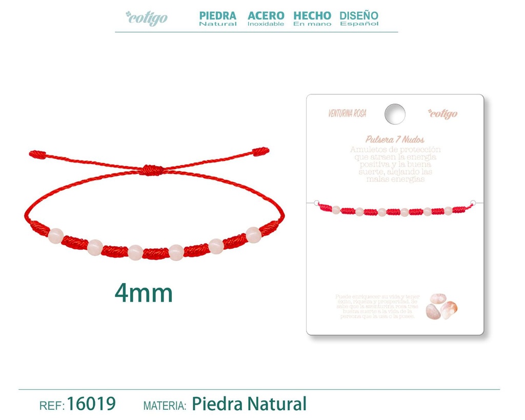 Pulsera de 7 Nudos con Aventurina rosa 4mm - Pulseras de piedras naturales