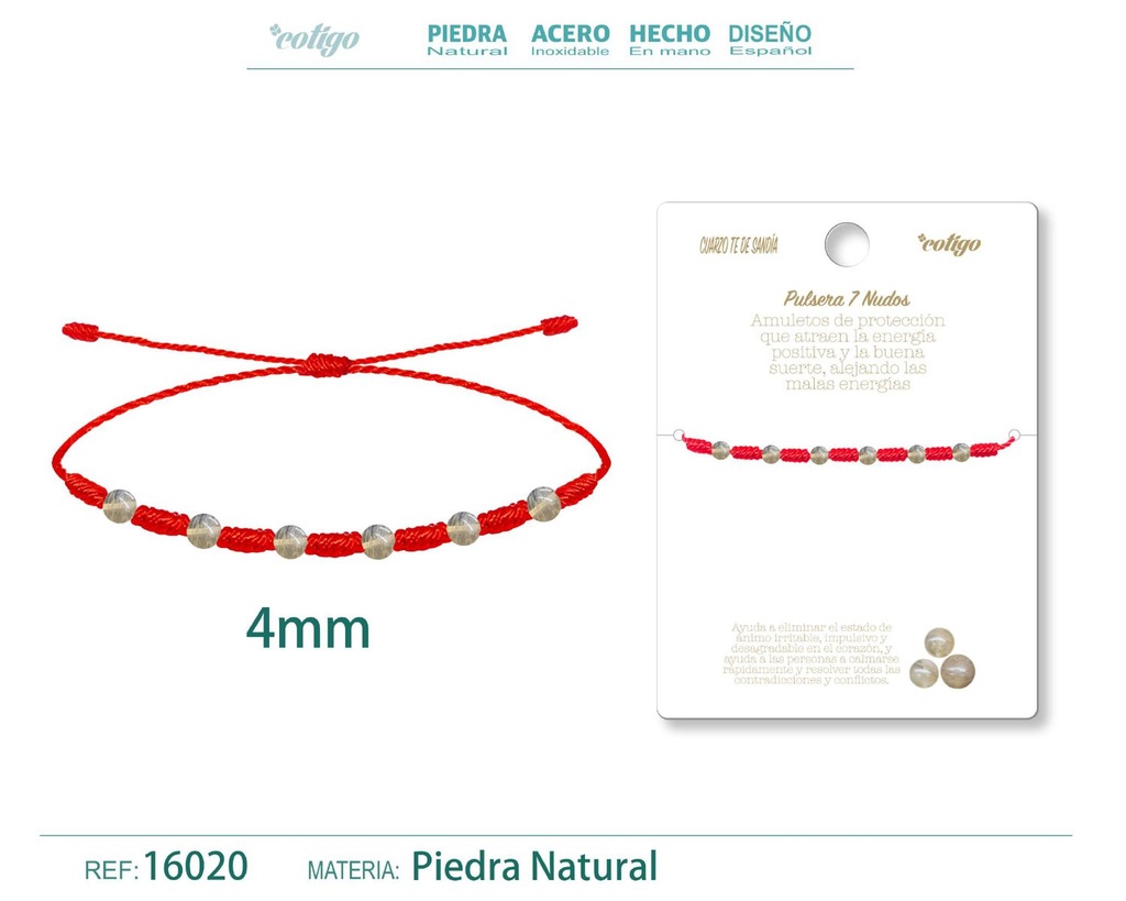 Pulsera de 7 Nudos con Cuarzo té de sandía 4mm - Pulseras de piedras naturales