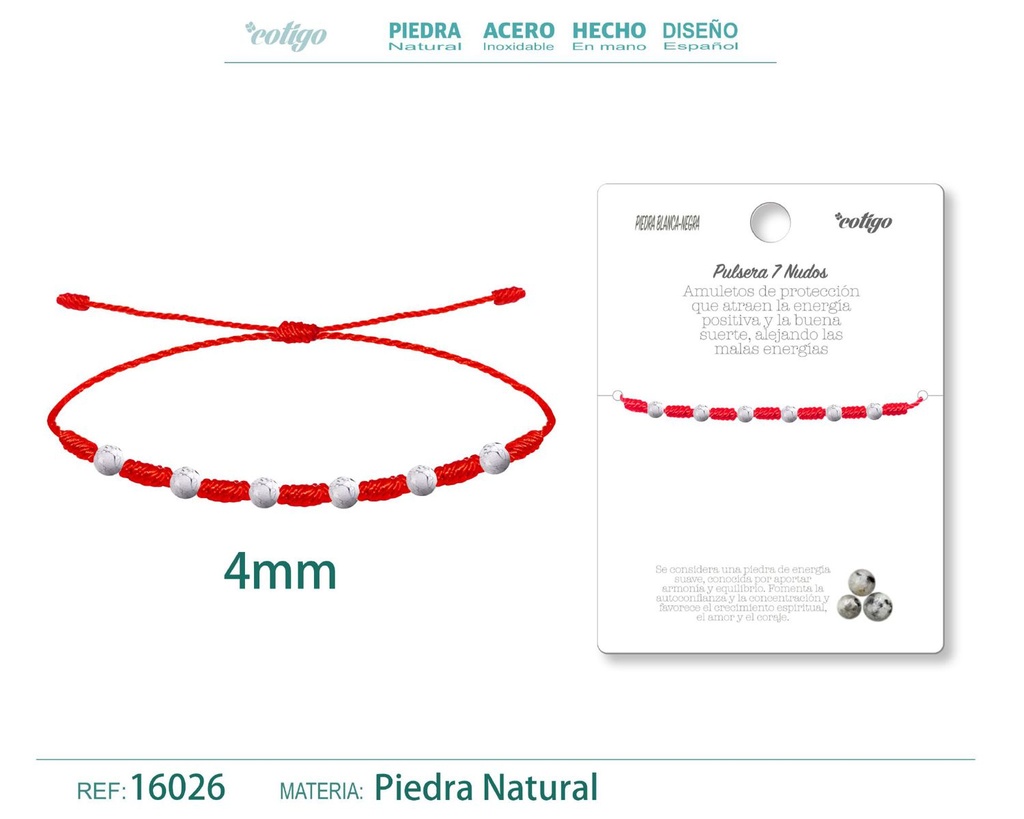 Pulsera de 7 Nudos con Piedra blanco-negra 4mm - Pulseras de piedras naturales