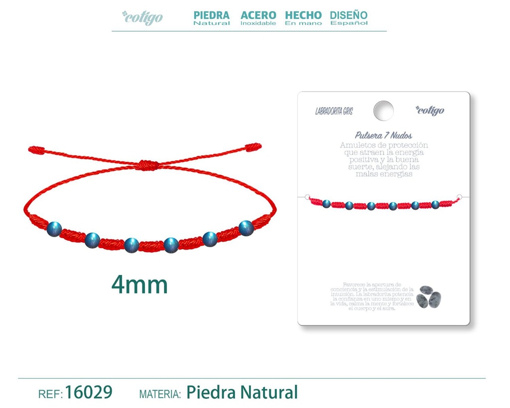 Pulsera de 7 Nudos con Labradorita gris 4mm - Pulseras de piedras naturales