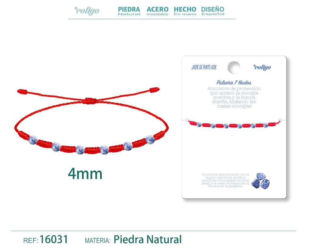 Pulsera de 7 Nudos con Jaspe de punto azul 4mm - Pulseras de piedras naturales