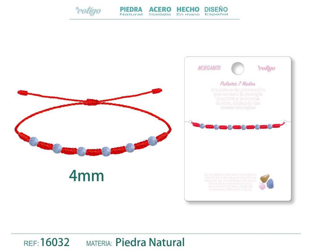 Pulsera de 7 Nudos con Morganita 4mm - Pulseras de piedras naturales