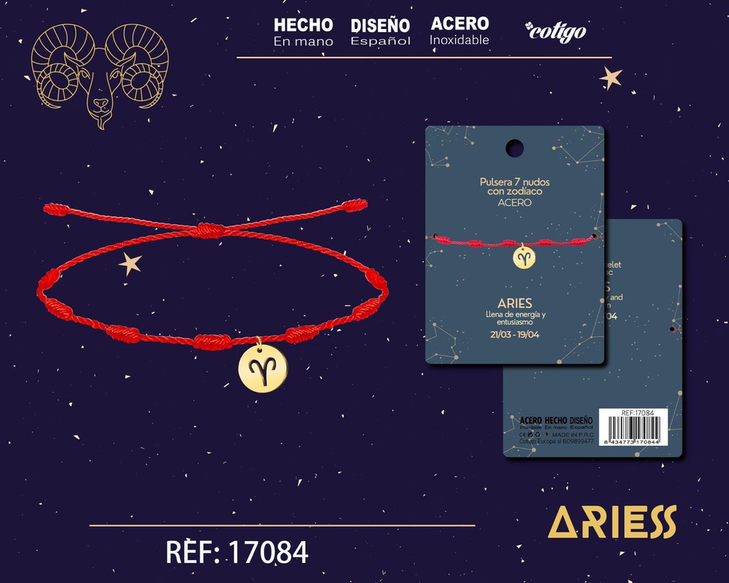 Pulsera de 7 Nudos con Aries en acero color dorado - Pulseras zodiacales
