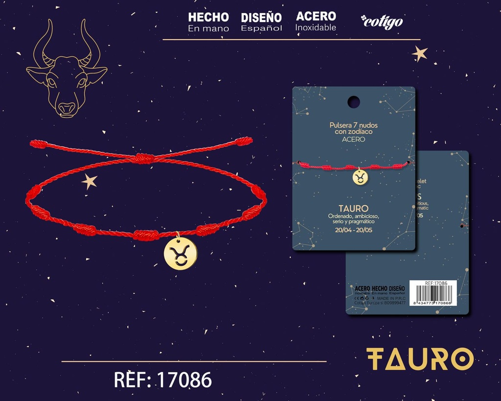 Pulsera de 7 Nudos con Tauro en acero color dorado - Pulseras zodiacales