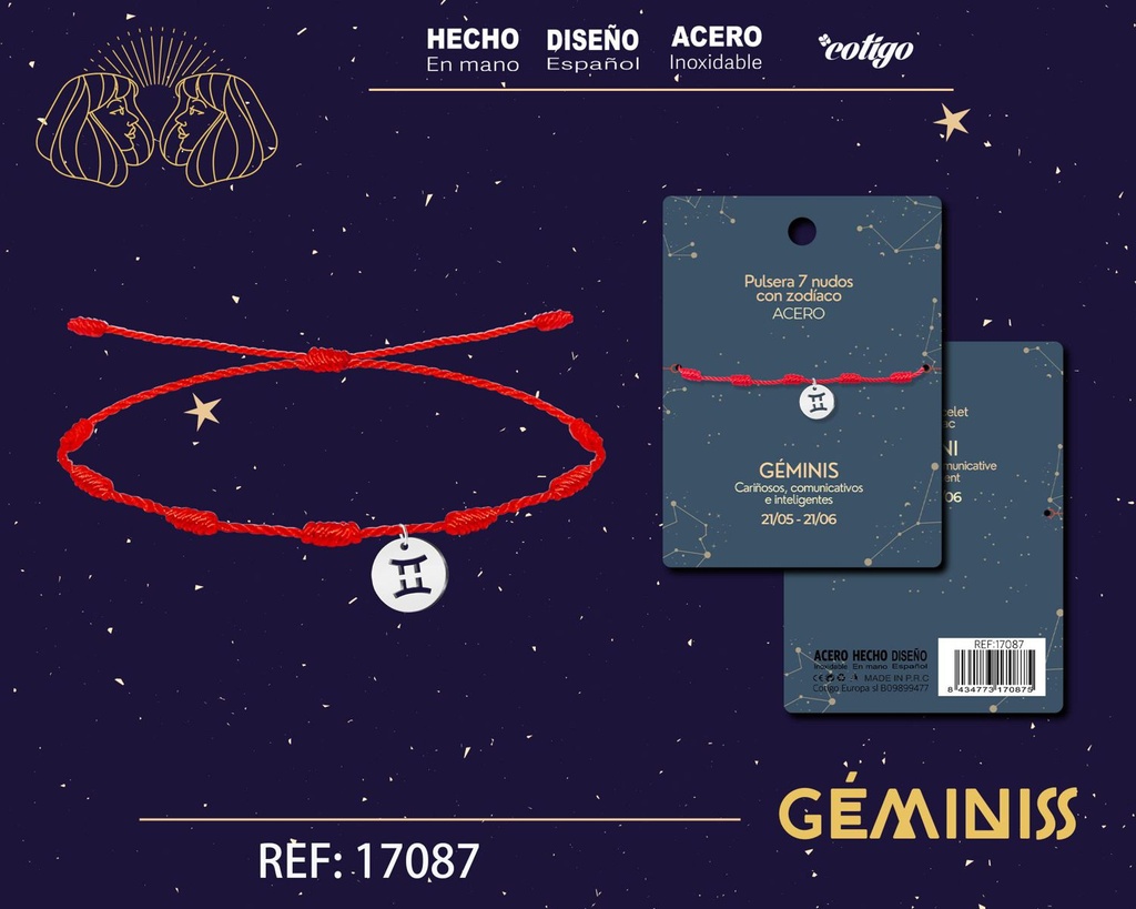 Pulsera de 7 Nudos con Géminis en acero color plateado - Pulseras zodiacales