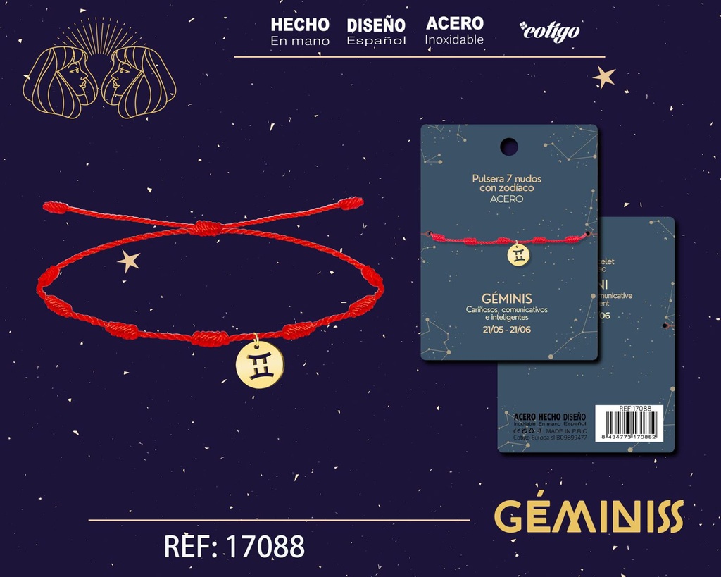 Pulsera de 7 Nudos con Géminis en acero color dorado - Pulseras zodiacales