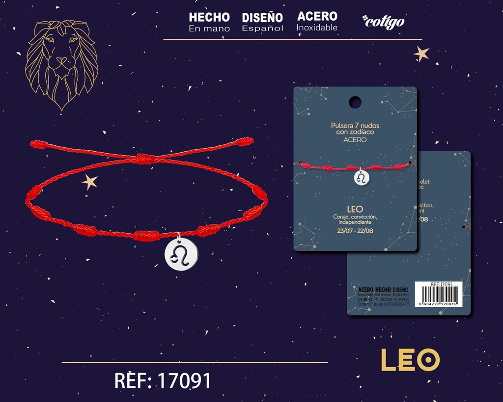 Pulsera de 7 Nudos con Leo en acero color plateado - Pulseras zodiacales
