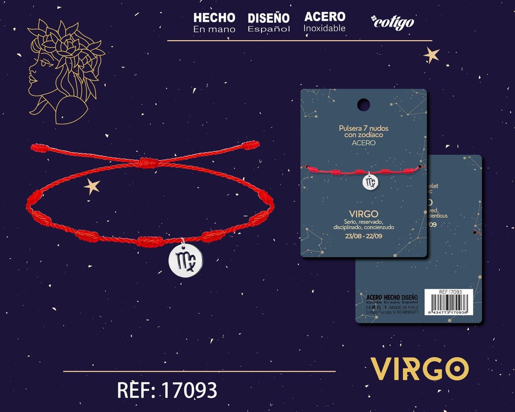 Pulsera de 7 Nudos con Virgo en acero color plateado - Pulseras zodiacales