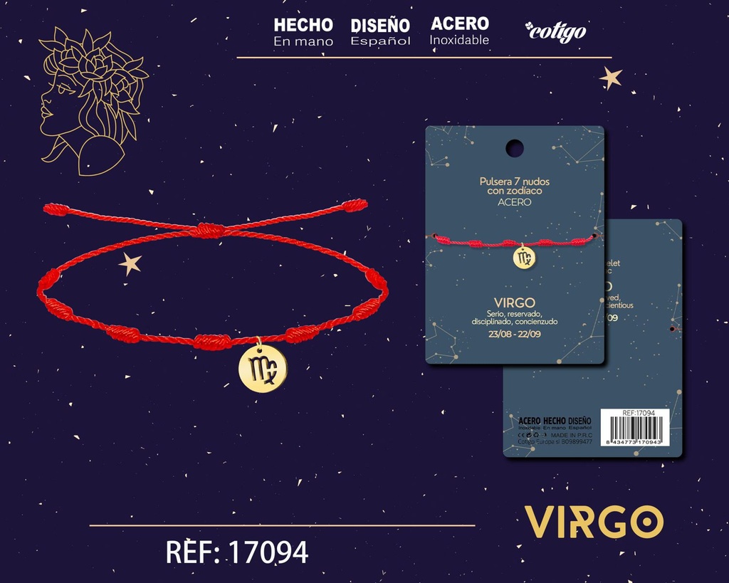 Pulsera de 7 Nudos con Virgo en acero color dorado - Pulseras zodiacales