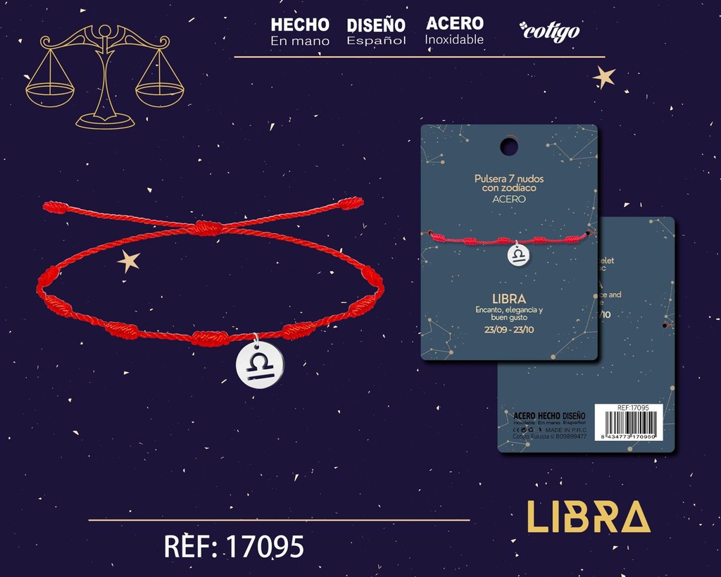 Pulsera de 7 Nudos con Libra en acero color plateado - Pulseras zodiacales