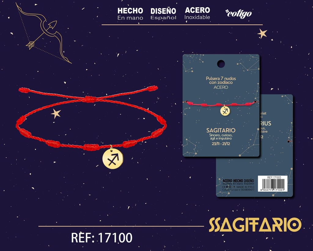 Pulsera de 7 Nudos con Sagitario en acero color dorado - Pulseras zodiacales