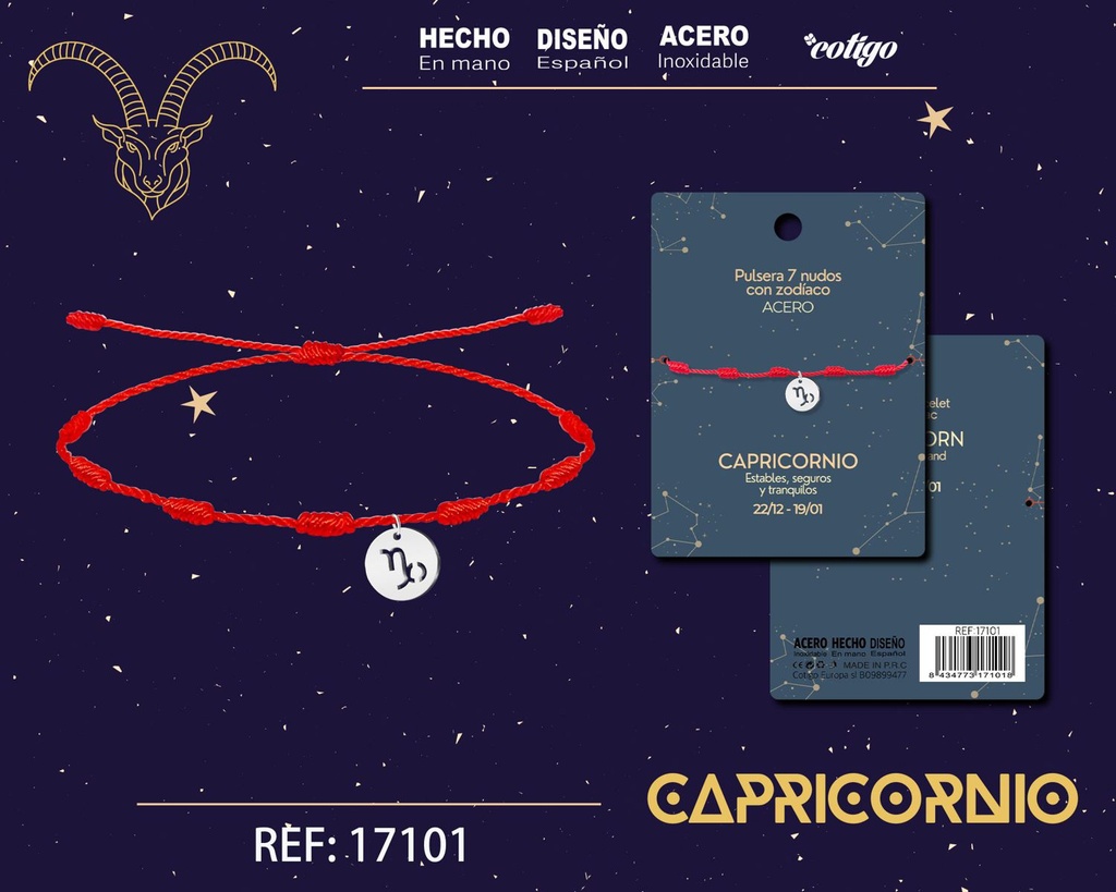 Pulsera de 7 Nudos con Capricornio en acero color plateado - Pulseras zodiacales