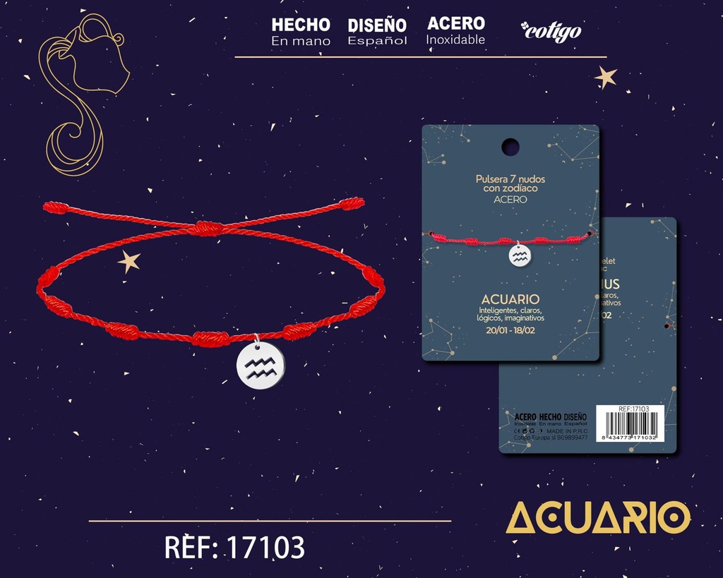 Pulsera de 7 Nudos con Acuario en acero color plateado - Pulseras zodiacales