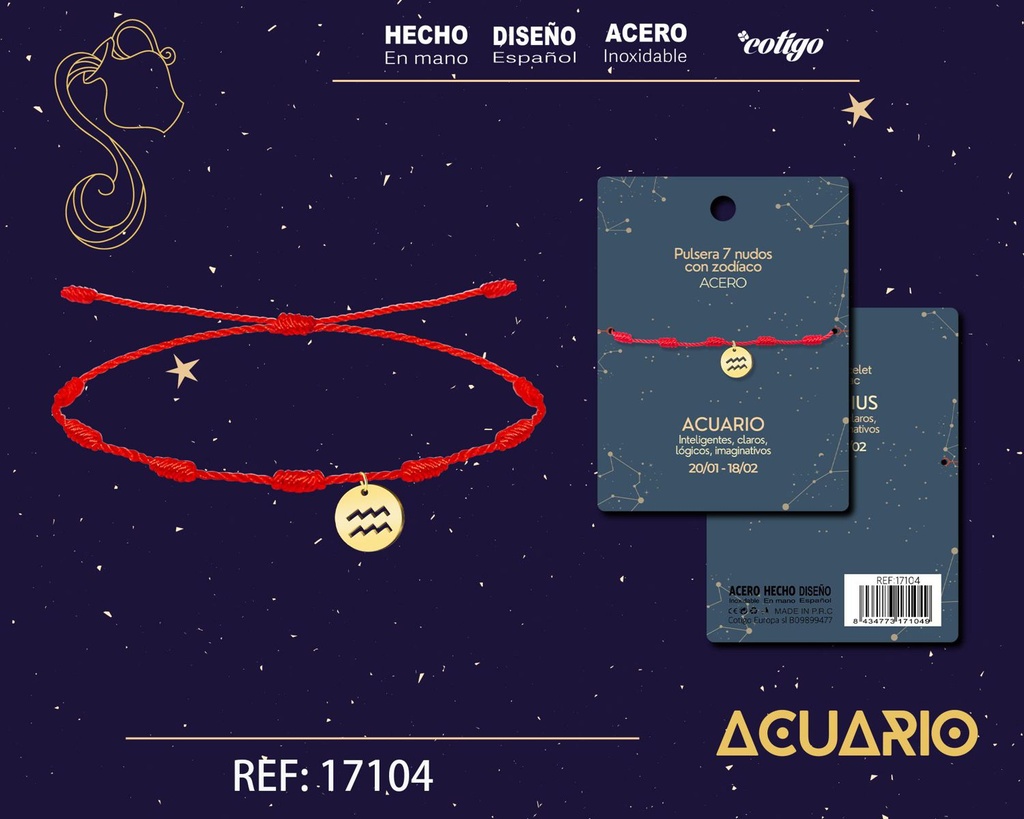 Pulsera de 7 Nudos con Acuario en acero color dorado - Pulseras zodiacales