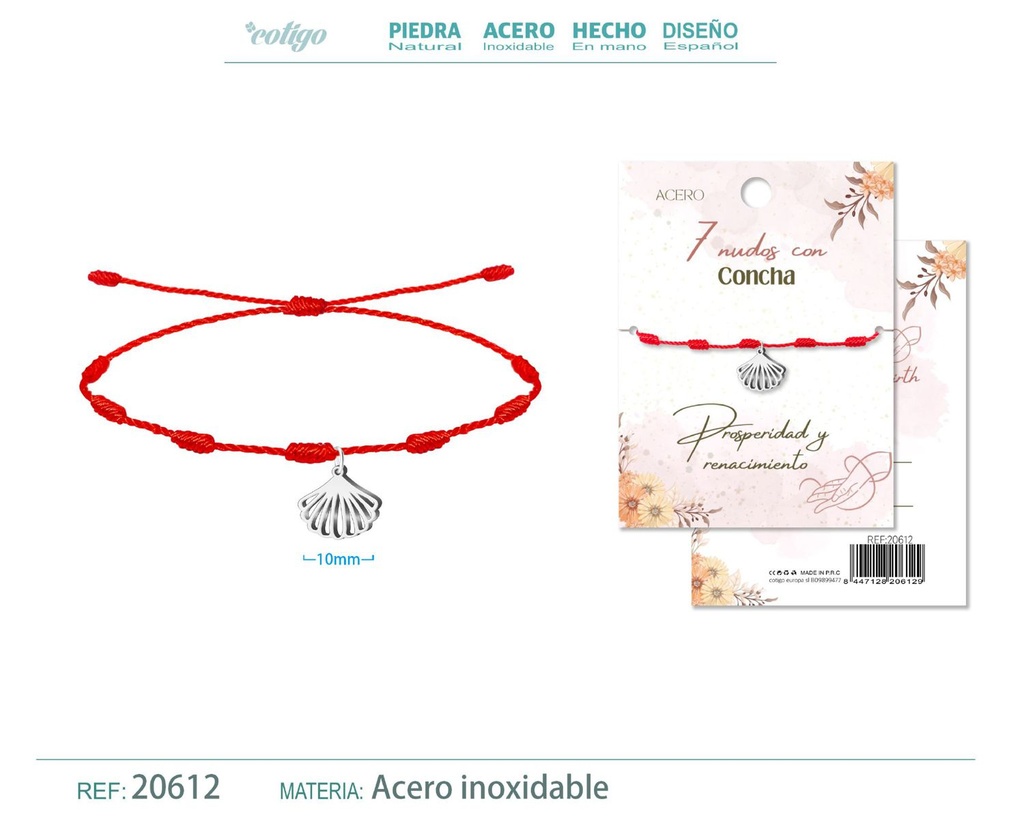 Pulsera de 7 Nudos con Concha color plateado - Pulseras de suerte y protección