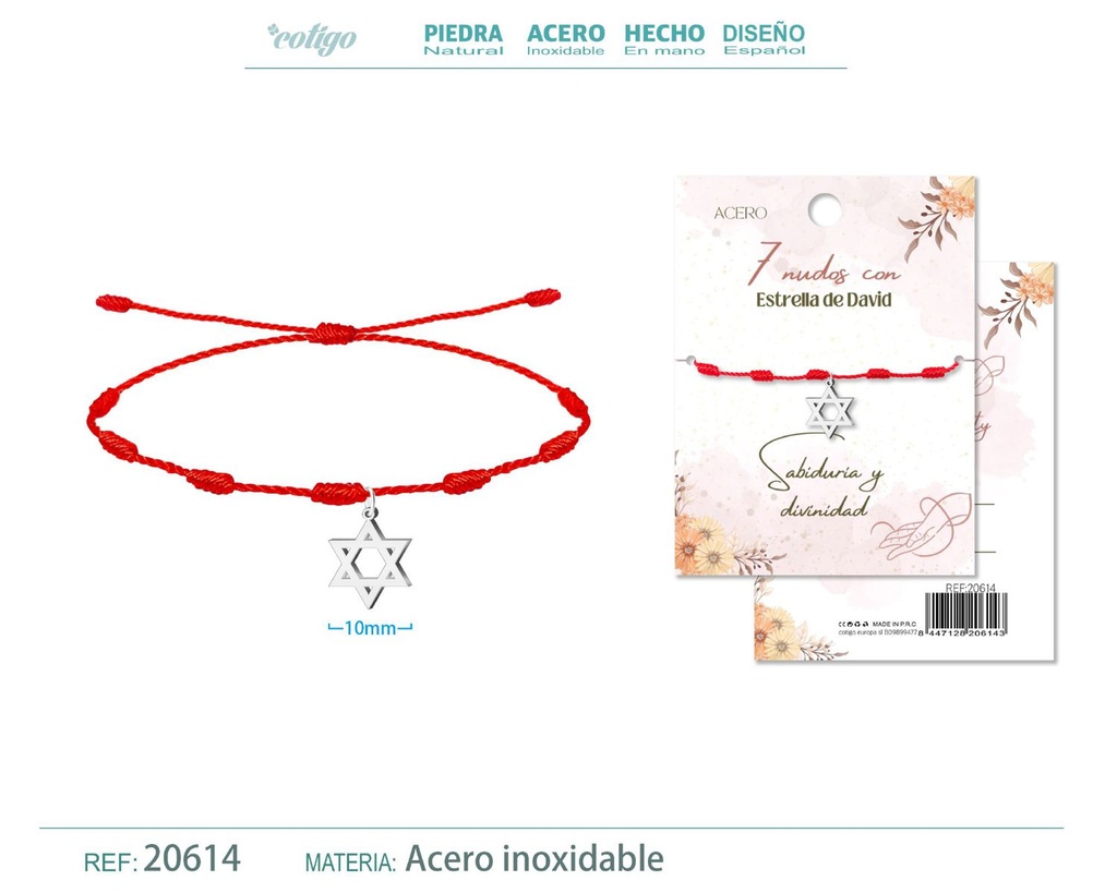Pulsera de 7 Nudos con Estrella de David color plateado - Pulseras de suerte y protección