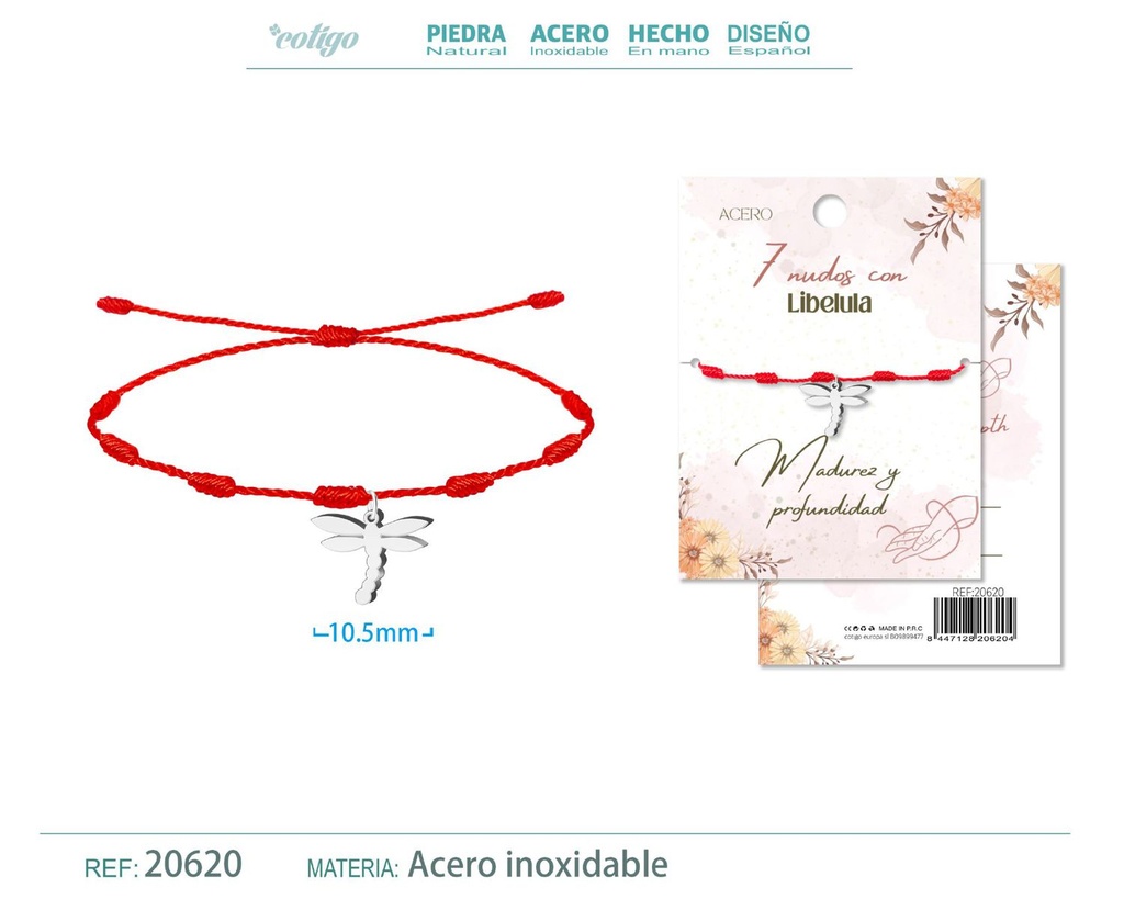 Pulsera de 7 Nudos con Libélula color plateado - Pulseras de suerte y protección