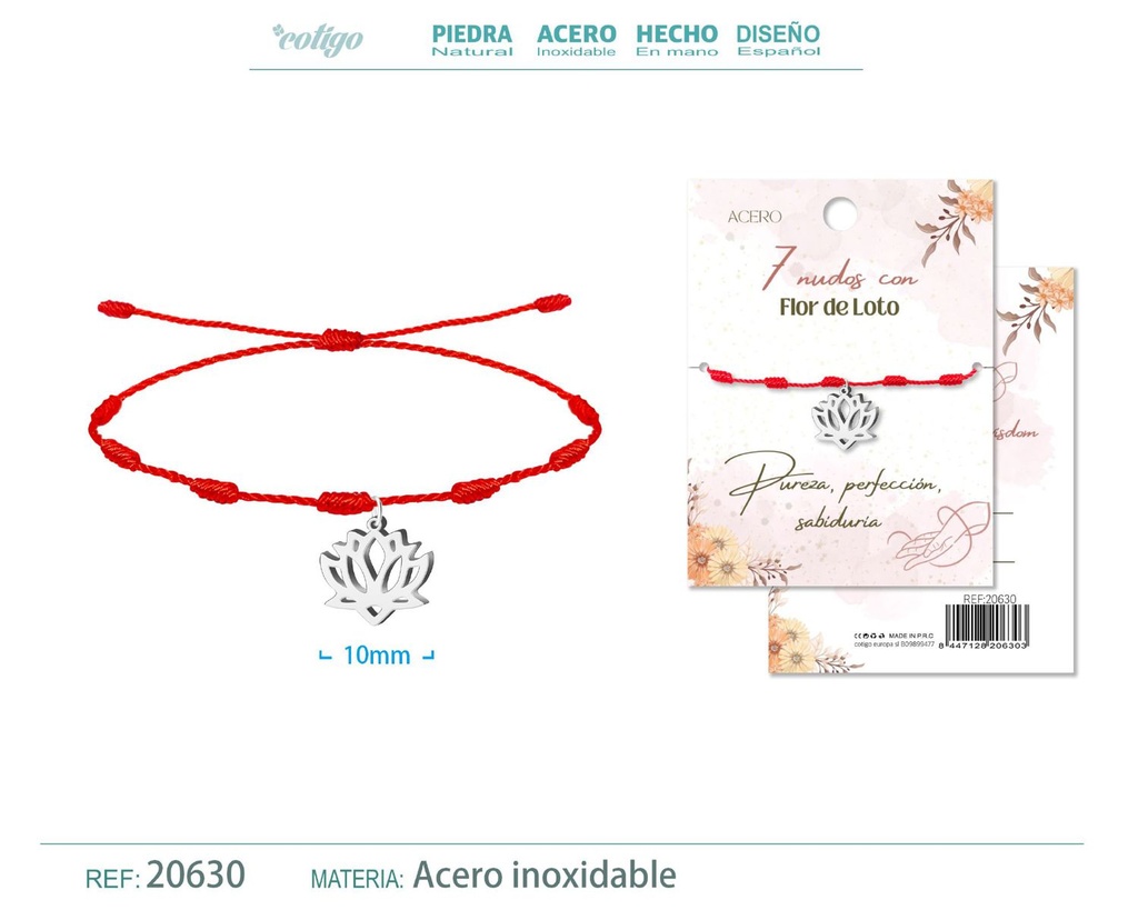 Pulsera de 7 Nudos con Flor de Loto color plateado - Pulseras de suerte y protección
