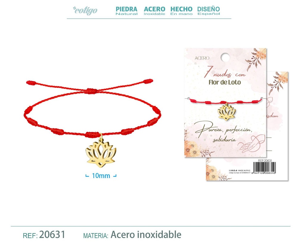 Pulsera de 7 Nudos con Flor de Loto color dorado - Pulseras de suerte y protección