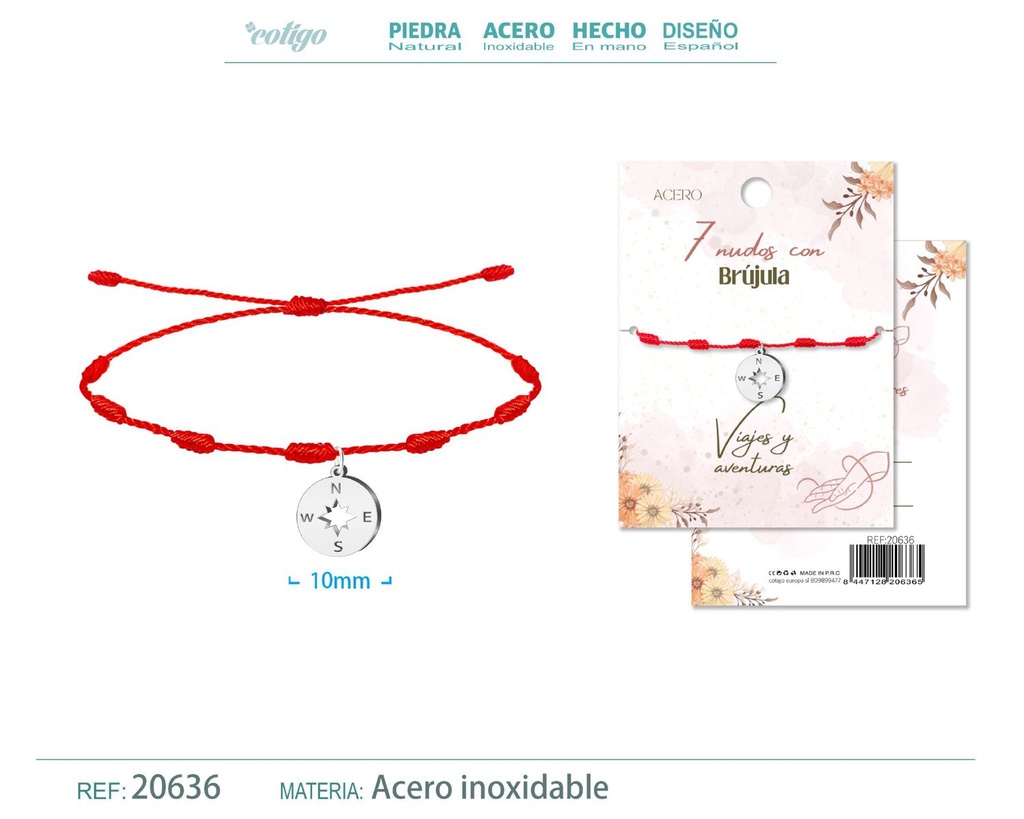 Pulsera de 7 Nudos con Brújula color plateado - Pulseras de suerte y protección