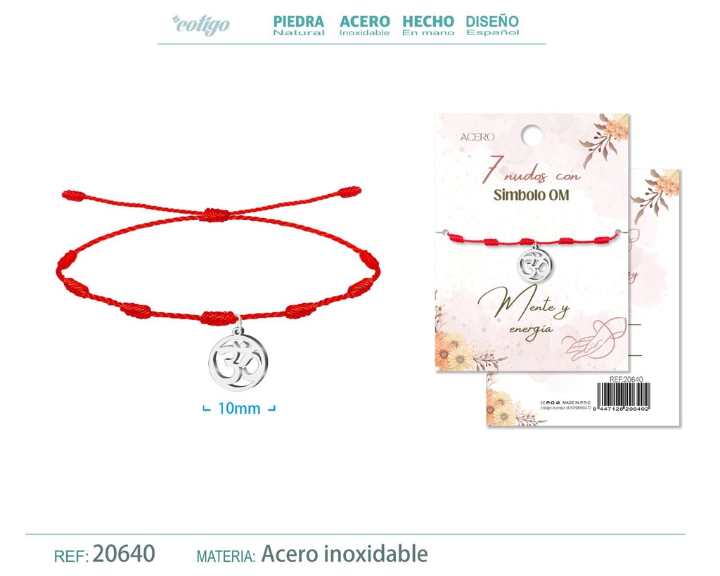 Pulsera de 7 Nudos con Símbolo OM color plateado - Pulseras de suerte y protección