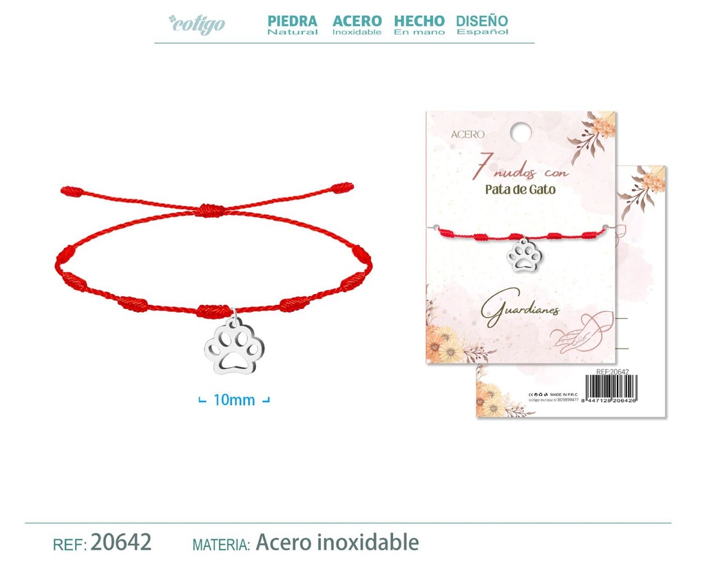 Pulsera de 7 Nudos con Pata de Gato color plateado - Pulseras de suerte y protección