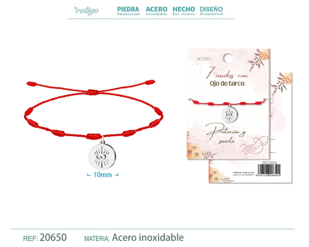 Pulsera de 7 Nudos con Ojo Turco color plateado - Pulseras de suerte y protección