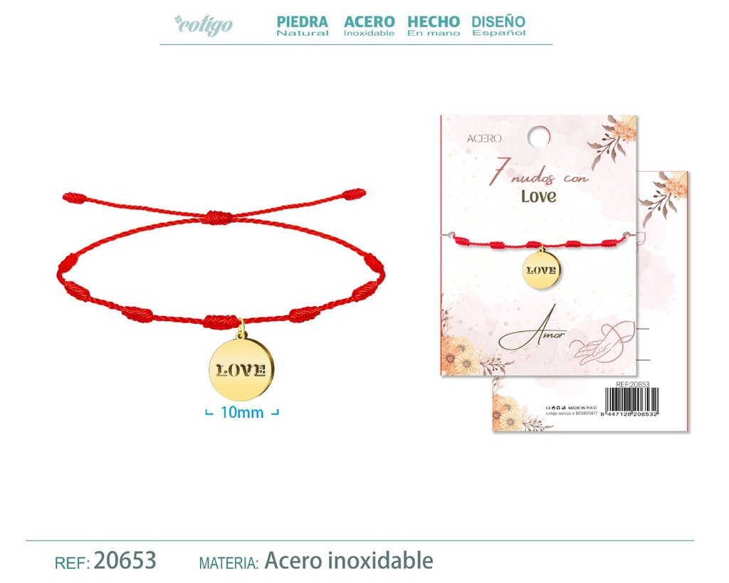 Pulsera de 7 Nudos con Love color dorado - Pulseras de suerte y protección