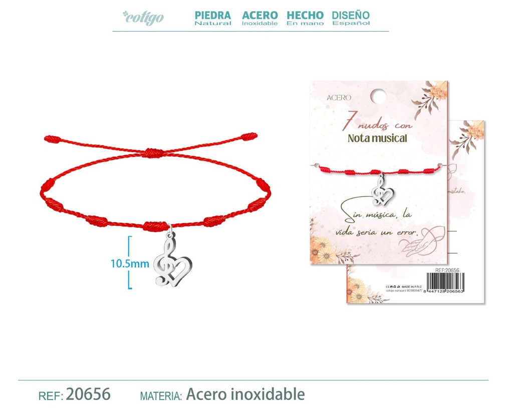 Pulsera de 7 Nudos con Nota musical color plateado - Pulseras de suerte y protección